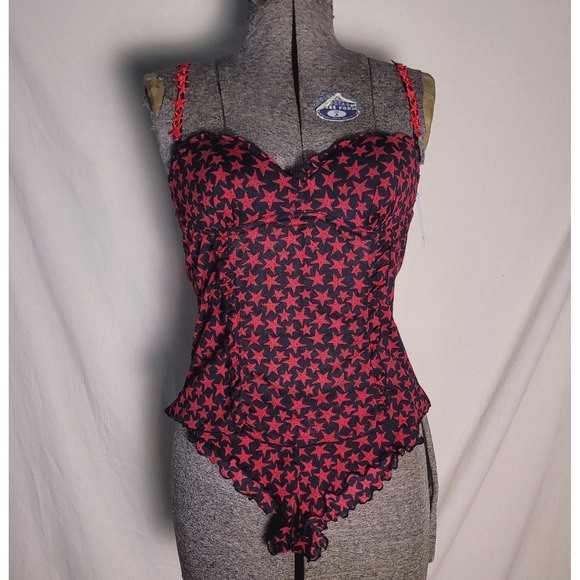 Vintage 90s Y2K Deadstock Black Red Star Bustier Top Panties Set Mesh Alt Goth L